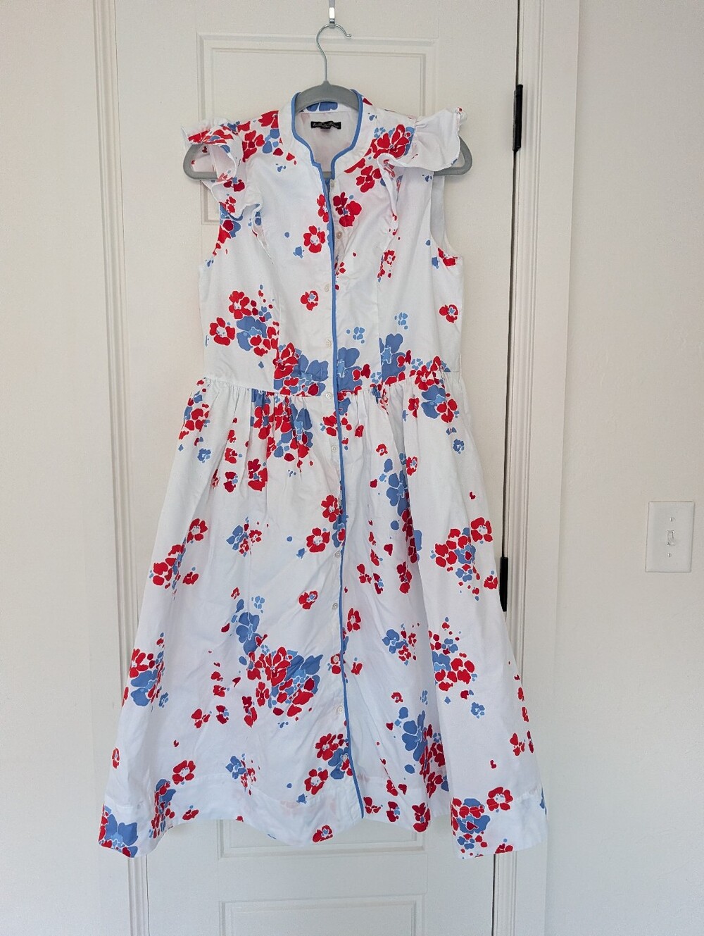 Brooks Brothers White Dress with Red and Blue Floral Print and Ruffle Shoulders